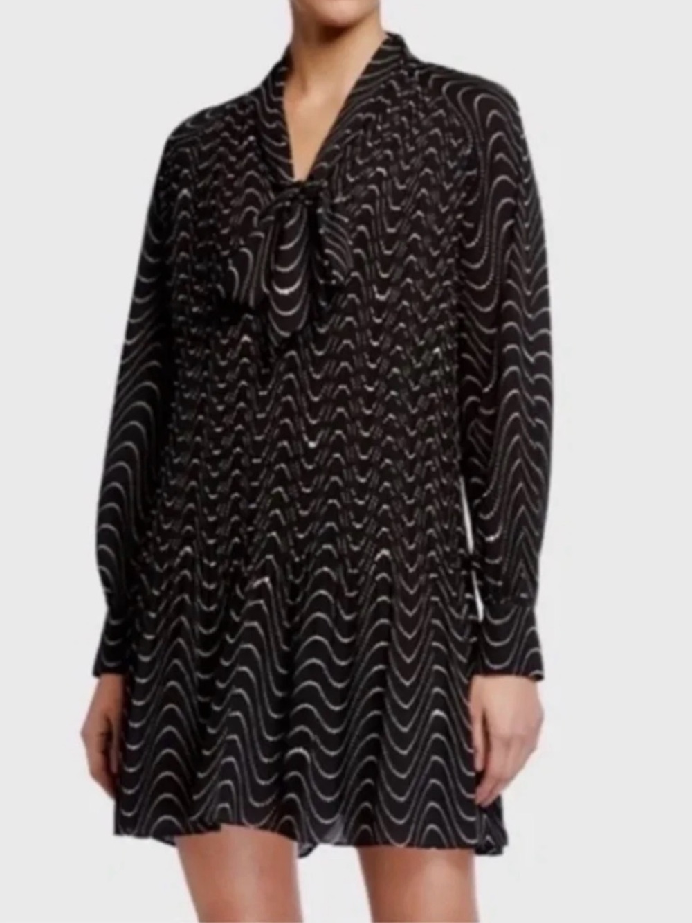 Kate Spade Black & Brown Wave Pattern Tie-Neck Long Sleeve Dress Size 4